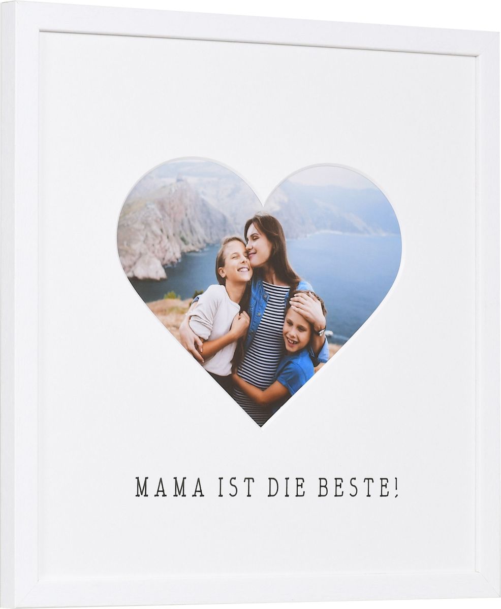 seitliche Ansicht eines Bilderrahmens mit Herzausschnitt für Mama in der Farbe Weiss